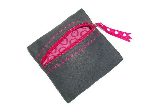 Small Square Felt Coin Purse - pewter grey felt - zipped - lined