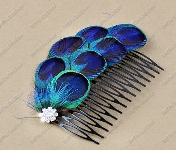 peacock feather heair comb with shiny rhinestone