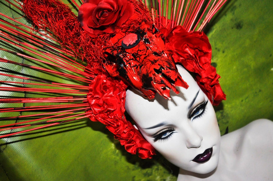 SALE Sci- Fi Cyber Futuristic gaga Red black rose stone fringe goth vampire burning man lolita wearable art Fantasy headdress headpeice wig