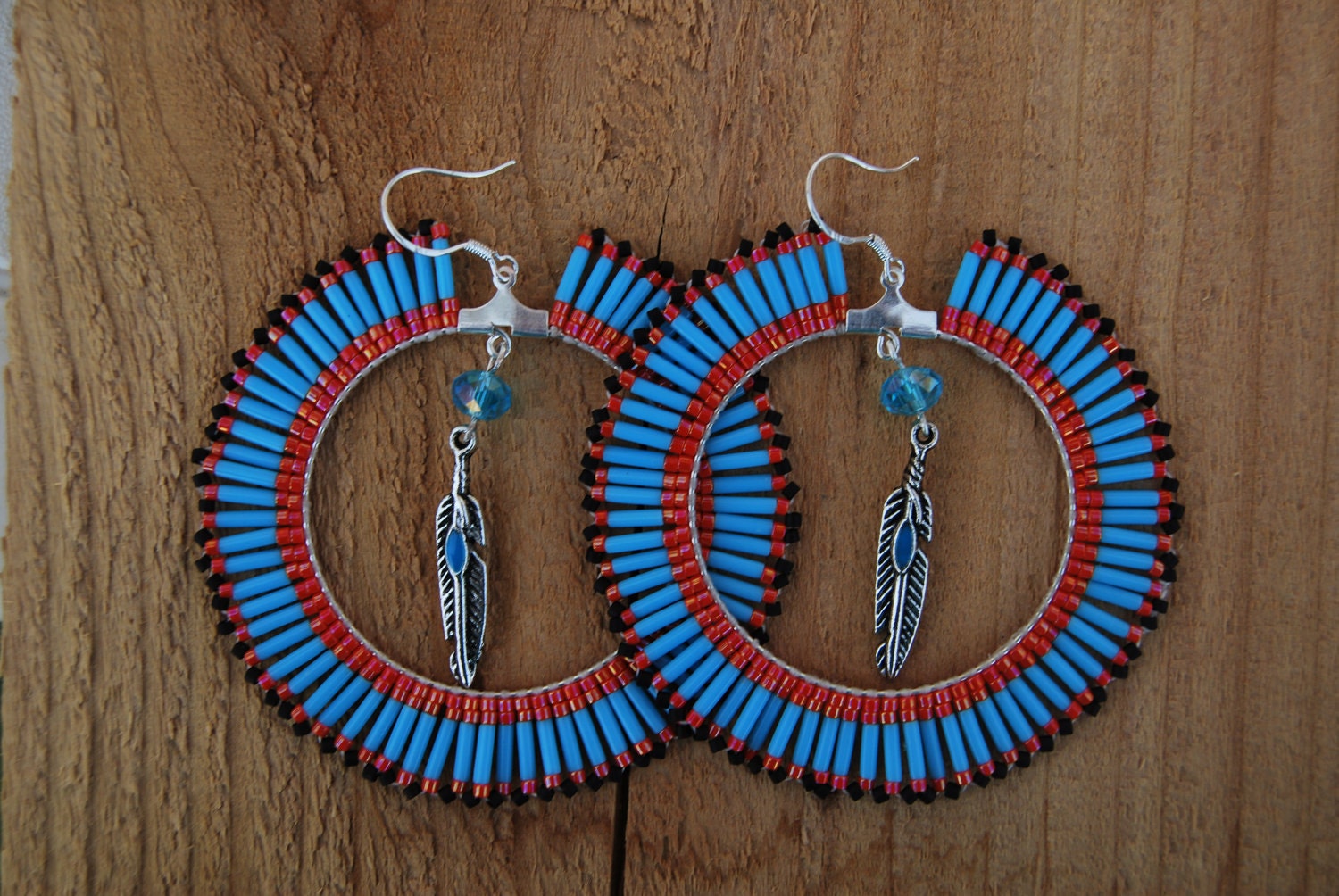 Native style Regalia/Powwow hoop Turquoise/Red with feather delica seed 2 3/4 inch beaded earrings
