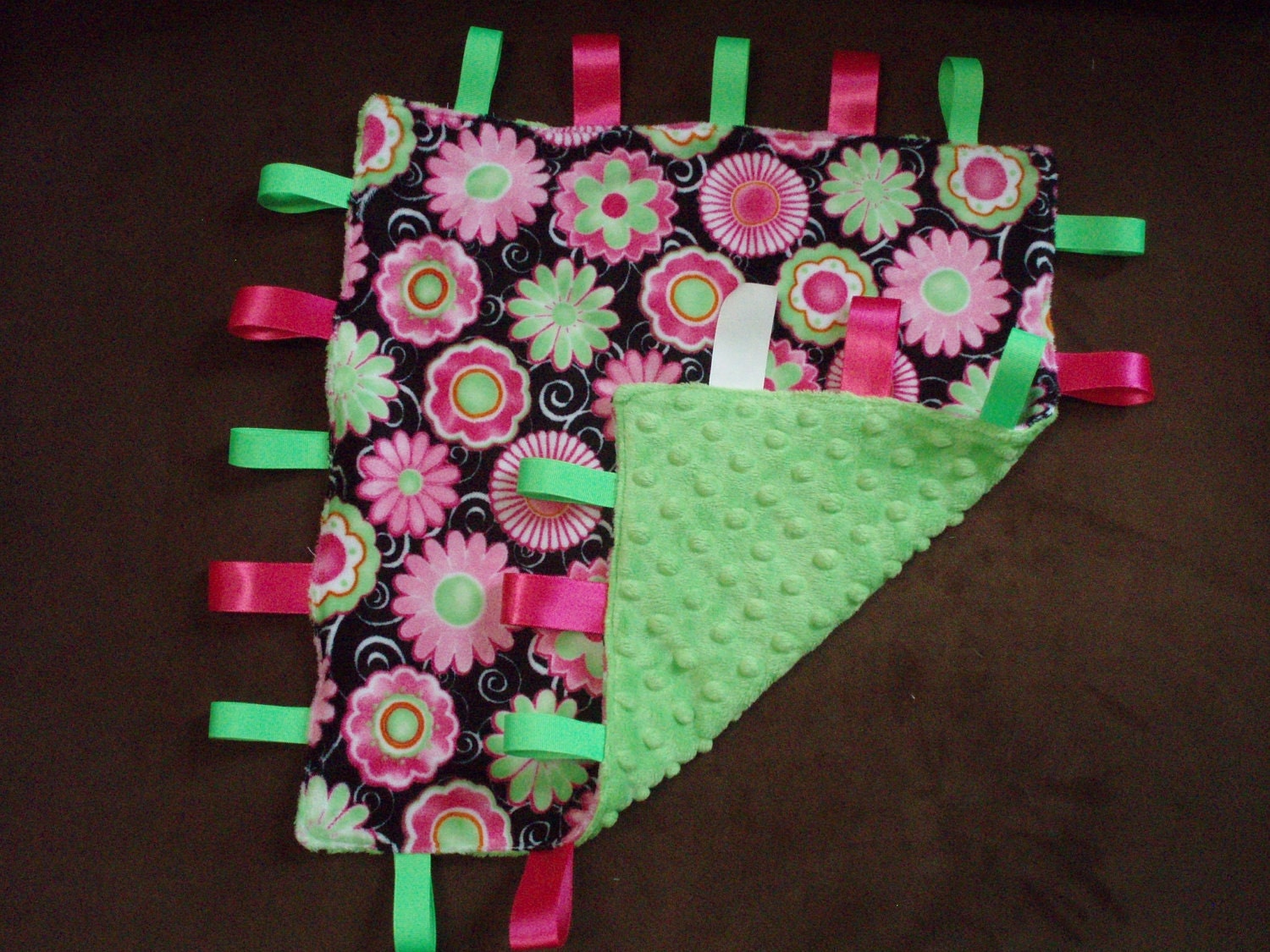 Minky lovey bright green paisley tag blanket