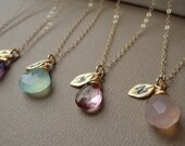 Bridesmaids Necklaces SET of Six &Stone and Initial - Lovely Gift, Bridal Party, Stamped Leaf, maid of honor, wedding jewelry
