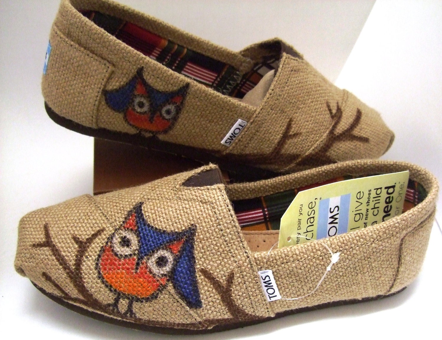Custom painted OWL Burlap TOMS Shoes