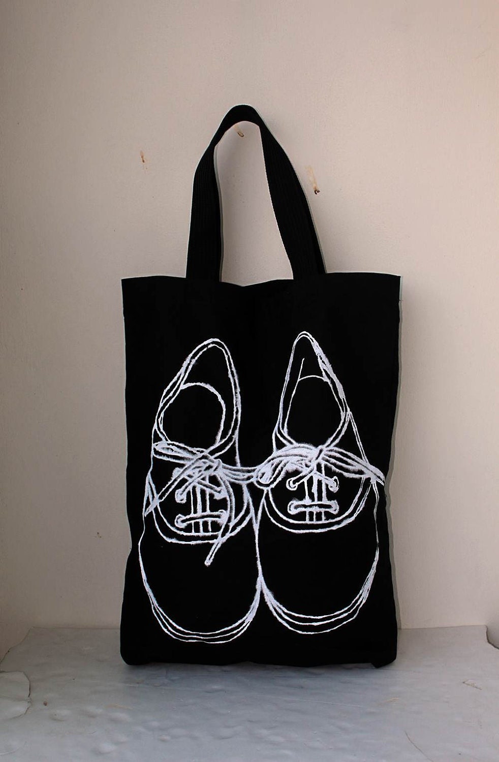 Big size /  Shoe screen printed on black  Canvas tote bag/Diaper bag/Shopping bag/ Document bag /Market Bag.