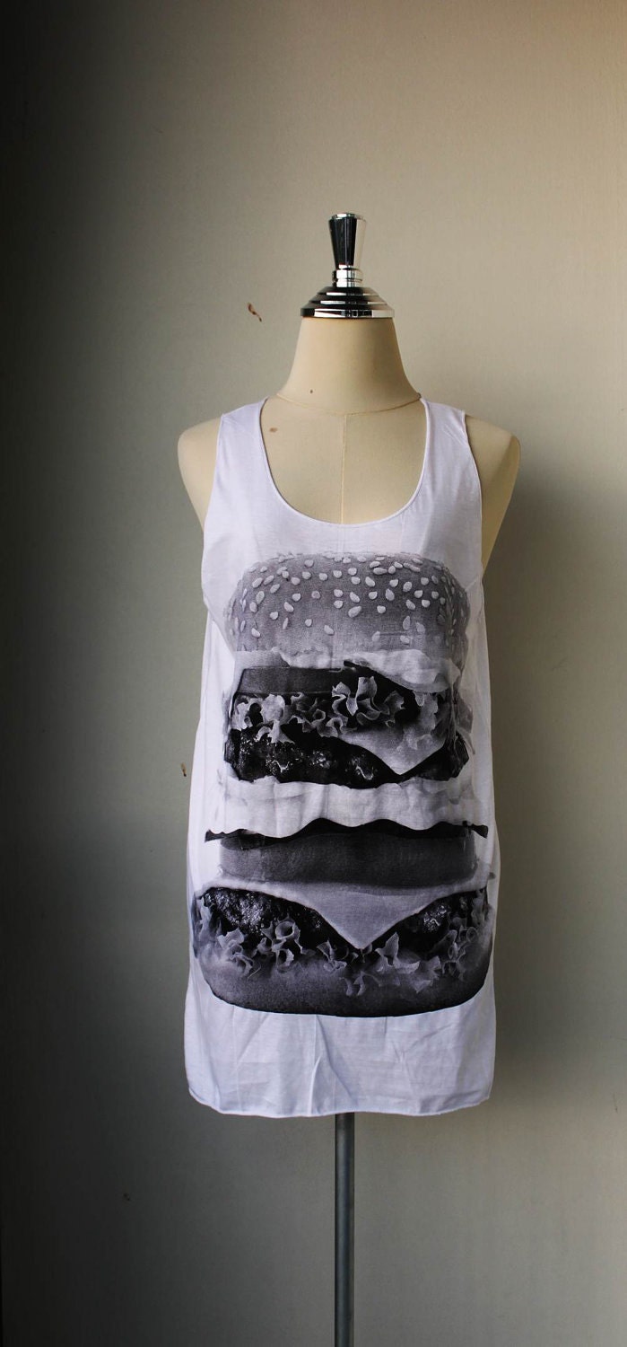 Hamburger Screen Printed on White Tank Top  Tunic Shirt  Women/Men.