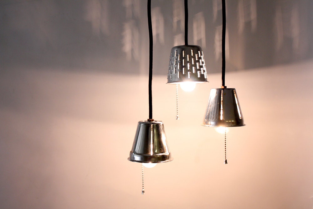 Industrial Pendant Lights // Repurposed Grater Lamps // Upcycle Kitchen Lighting // Stainless Steel Light // Recycled Furniture by MFEO