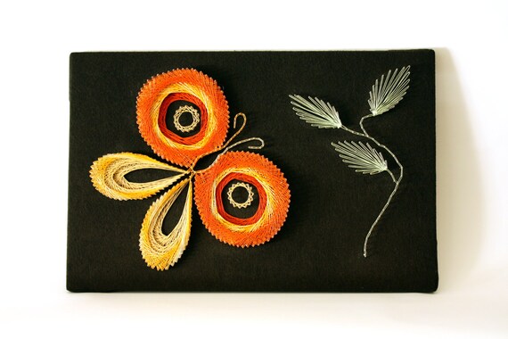 Orange Butterfly String Art - vintage decor, retro, kitsch, yellow, wall art, geometric, unique, rare, boho, hippie
