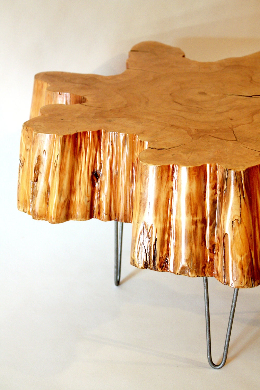 Reclaimed Tree Stump Coffee Table On Vintage Hairpin Legs
