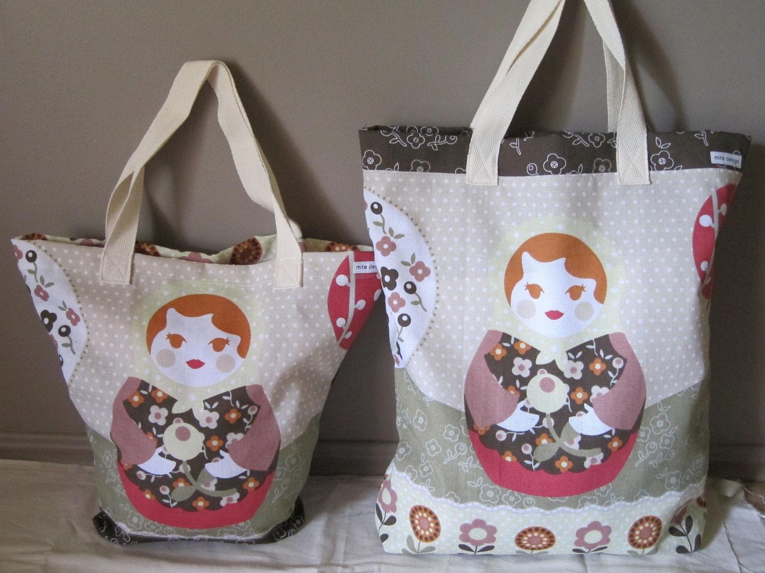 Russian Doll Tote Bags - olive and brown variety