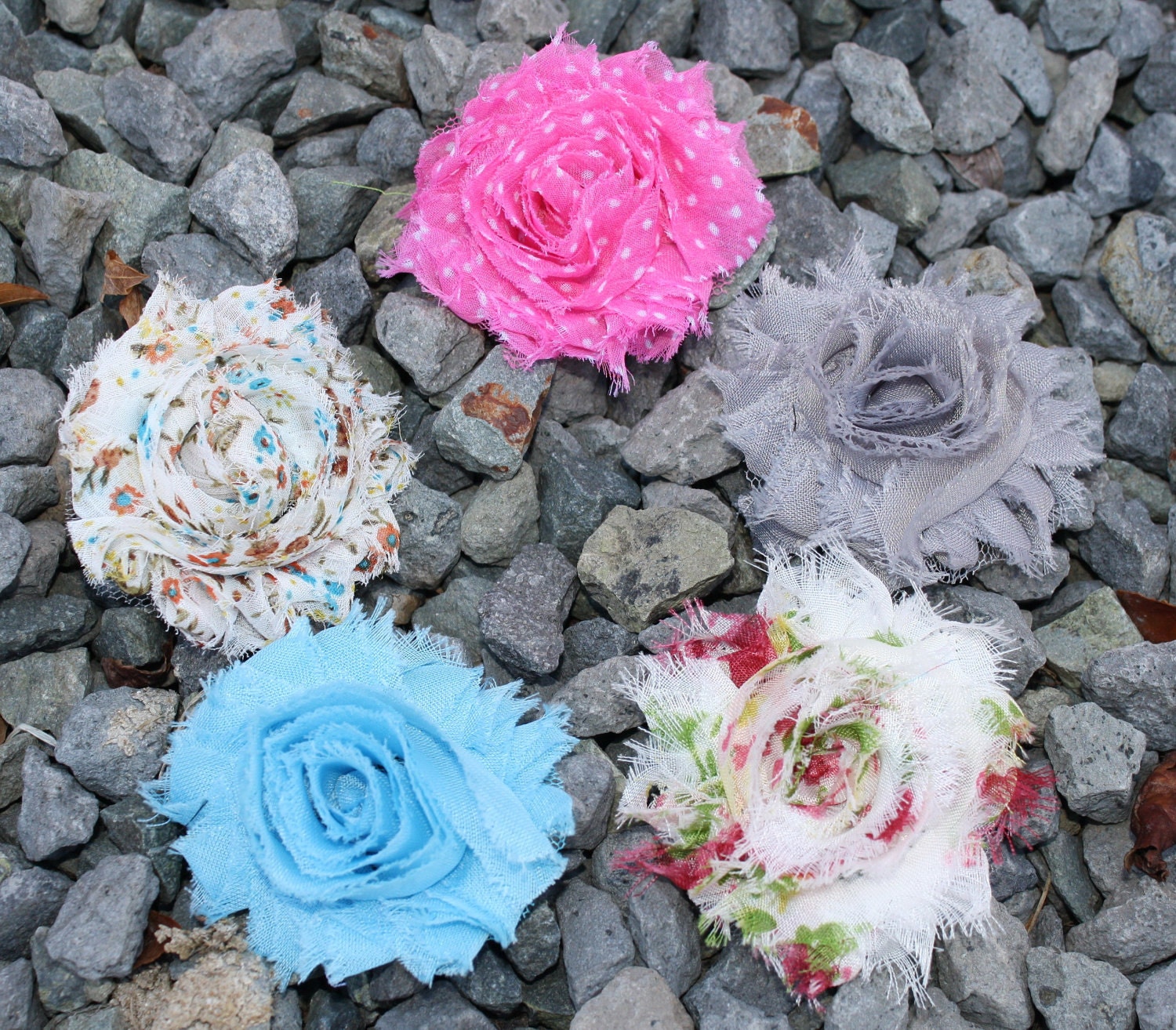 Set of 5 - Shabby Chic Frayed Flower Rose Hair Clips - Alligator Clips - For Baby Headbands, Teens Hair, Adult Hair