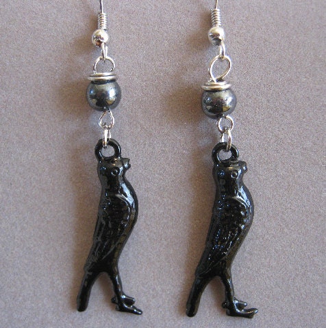 Nevermore - Enameled Metal Raven Charm and Genuine Hematite Bead Earrings