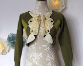 Green Bolero Knit Cardigan Sweater (Size XS) Upcycled Spring Fashion (argyle, harlequin diamond, doily, lace) for mori girls, forest girls