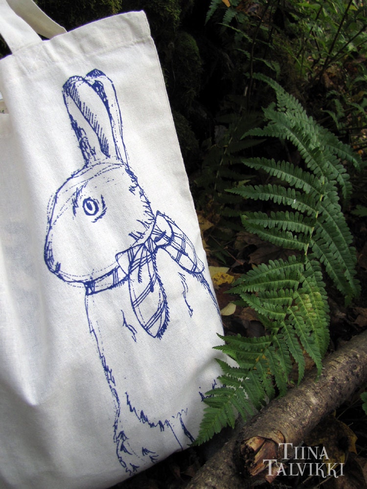 Tote Bag "Vemmel" (Hare With a Bow Neck Tie) (rabbit, bunny, hare, long shoulder straps, blue screenprint) for mori girls and nature lovers