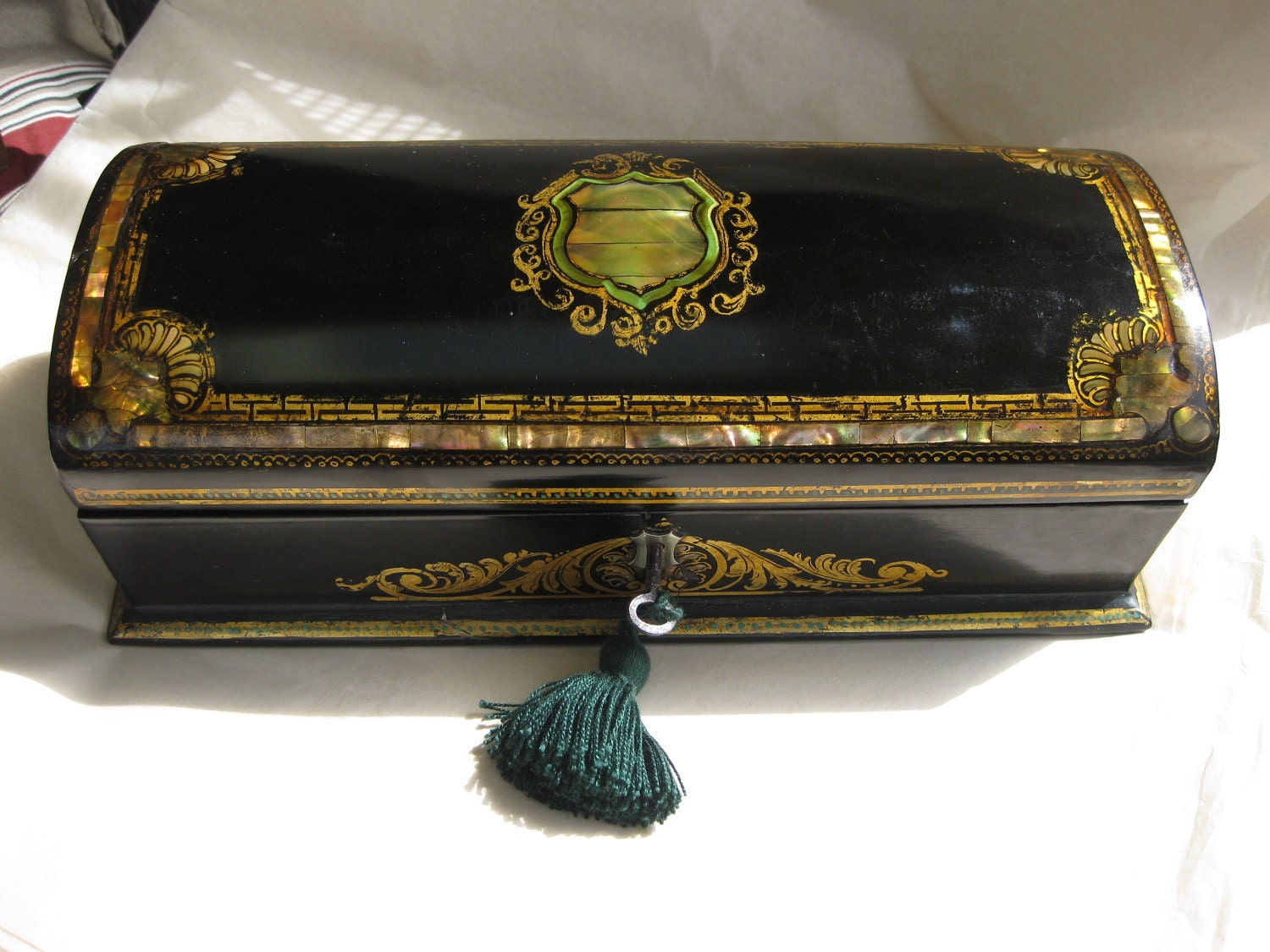 PRICE REDUCED Antique Victorian Papier Mache Domed Glove Box with Inlaid Mother of Pearl