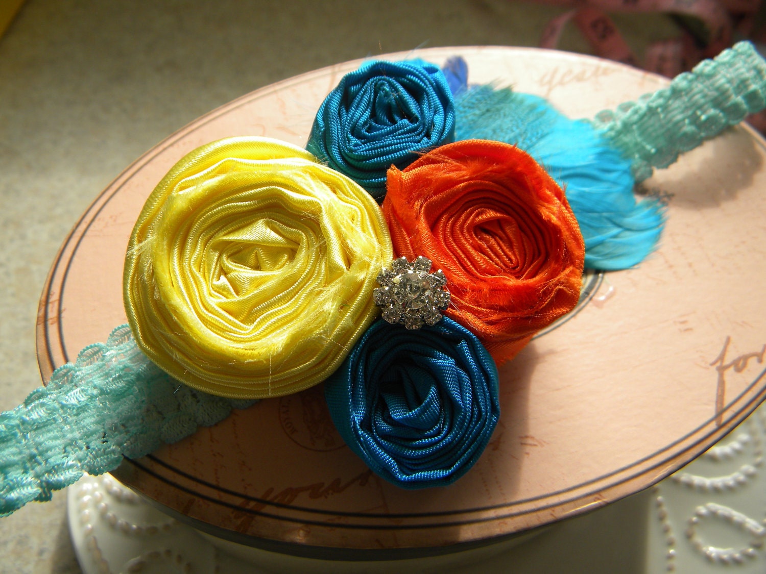 Vintage  Inspired Rosette headband in Blue, Orange and Yellow headband, PHOTOGRAPHY PROP