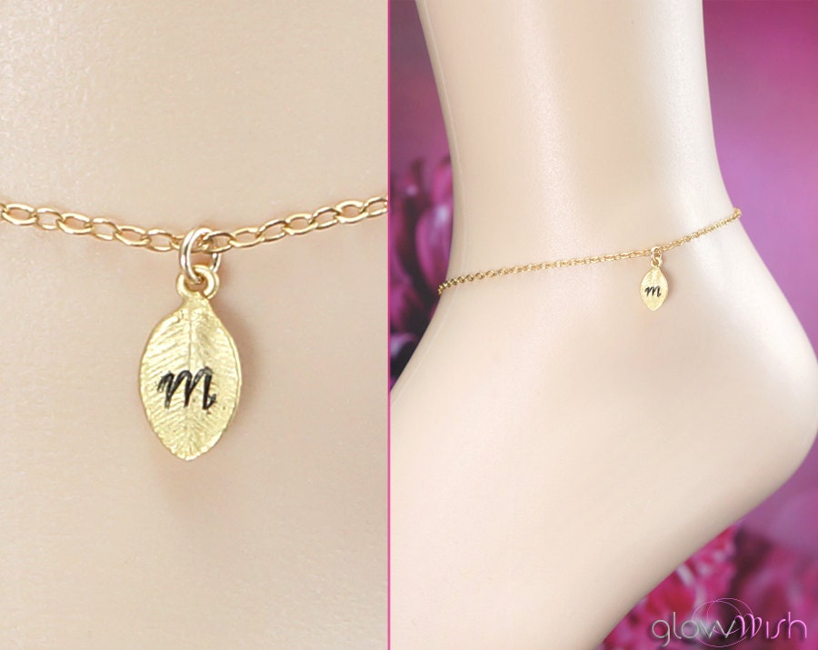 Personalized Leaf Anklet, Custom Initial, Gold Filled Chain, Vacation Jewelry, Tiny Leaf Charm, Fall Wedding