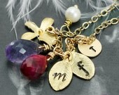 Personalized Family Necklace, Hand Stamped, Custom Personalized 3 Initials, 3 Birthstones, Gold Filled, Mom Necklace