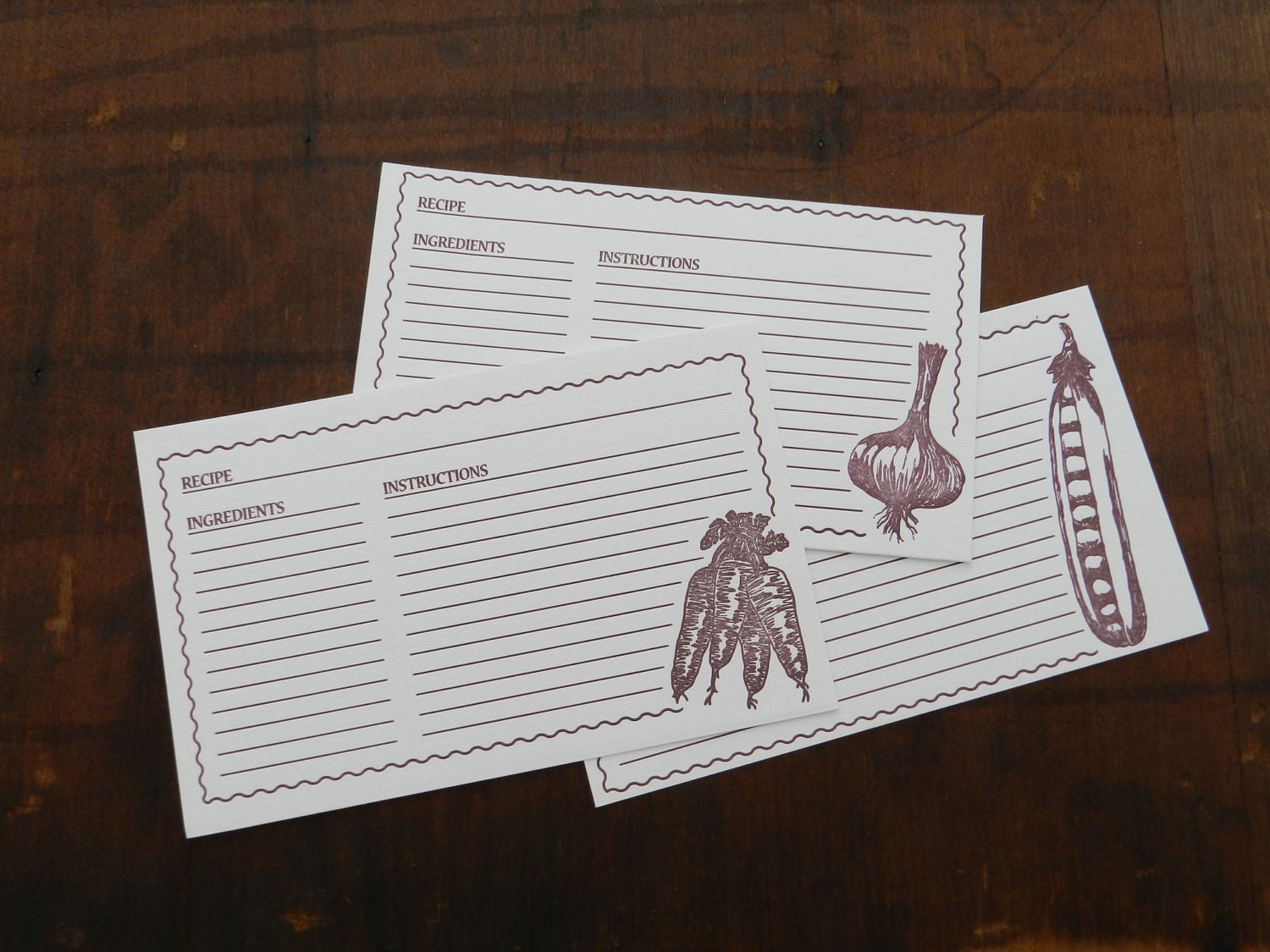 Set of 9 Letterpress Vegetable 3x5 Recipe Cards