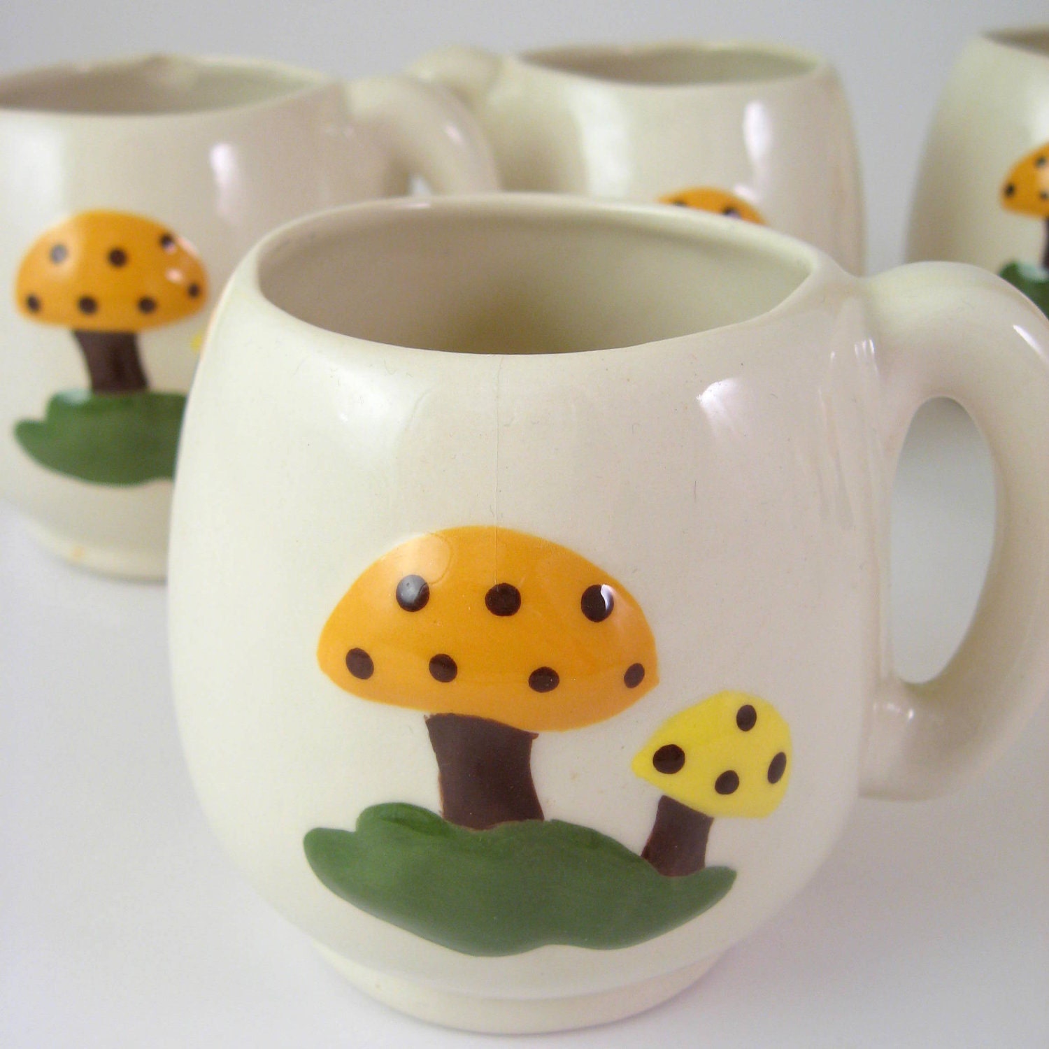 Vintage Mushroom Mugs, Set of 6, Ceramic Cups, 1970s