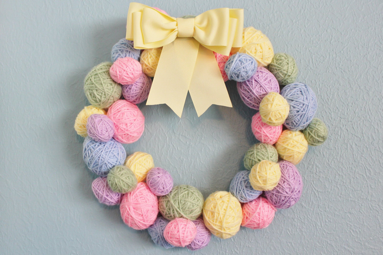 Easter or Spring Wreath, yarn ball wreath, eggs in Easter colors, 14 inches, MADE TO ORDER