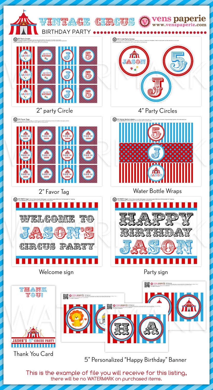 Vintage Blue Carnival Circus Birthday Party Package Personalized FULL Collection Set - PRINTABLE DIY - PS801CA1x
