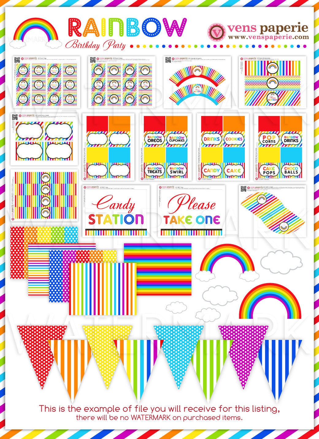 Rainbow Birthday Party Package Personalized FULL Collection Set - PRINTABLE DIY - PS808CA1x