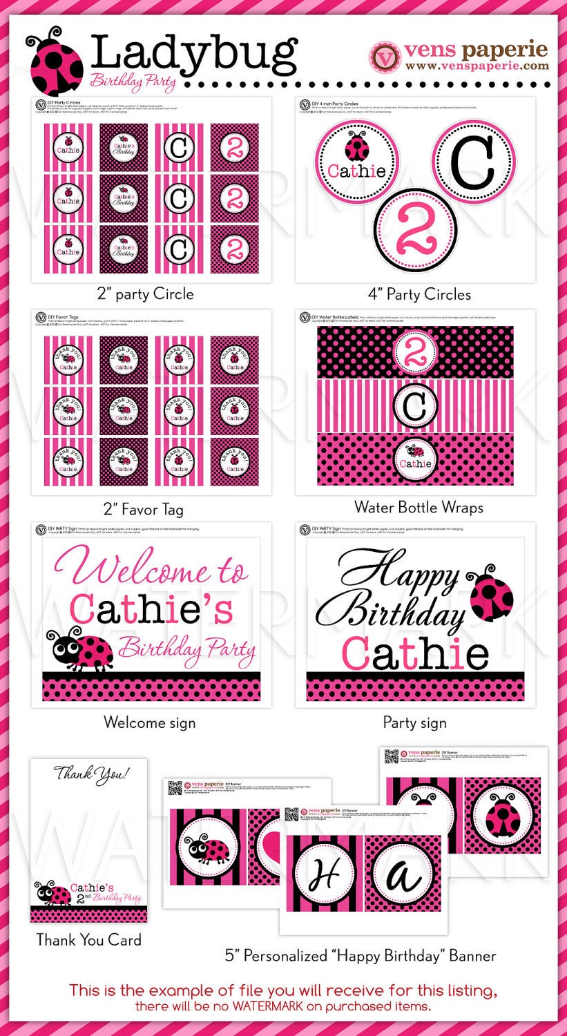 Pink LadyBug Birthday Party Package Personalized FULL Collection Set - PRINTABLE DIY - PS815CA2x