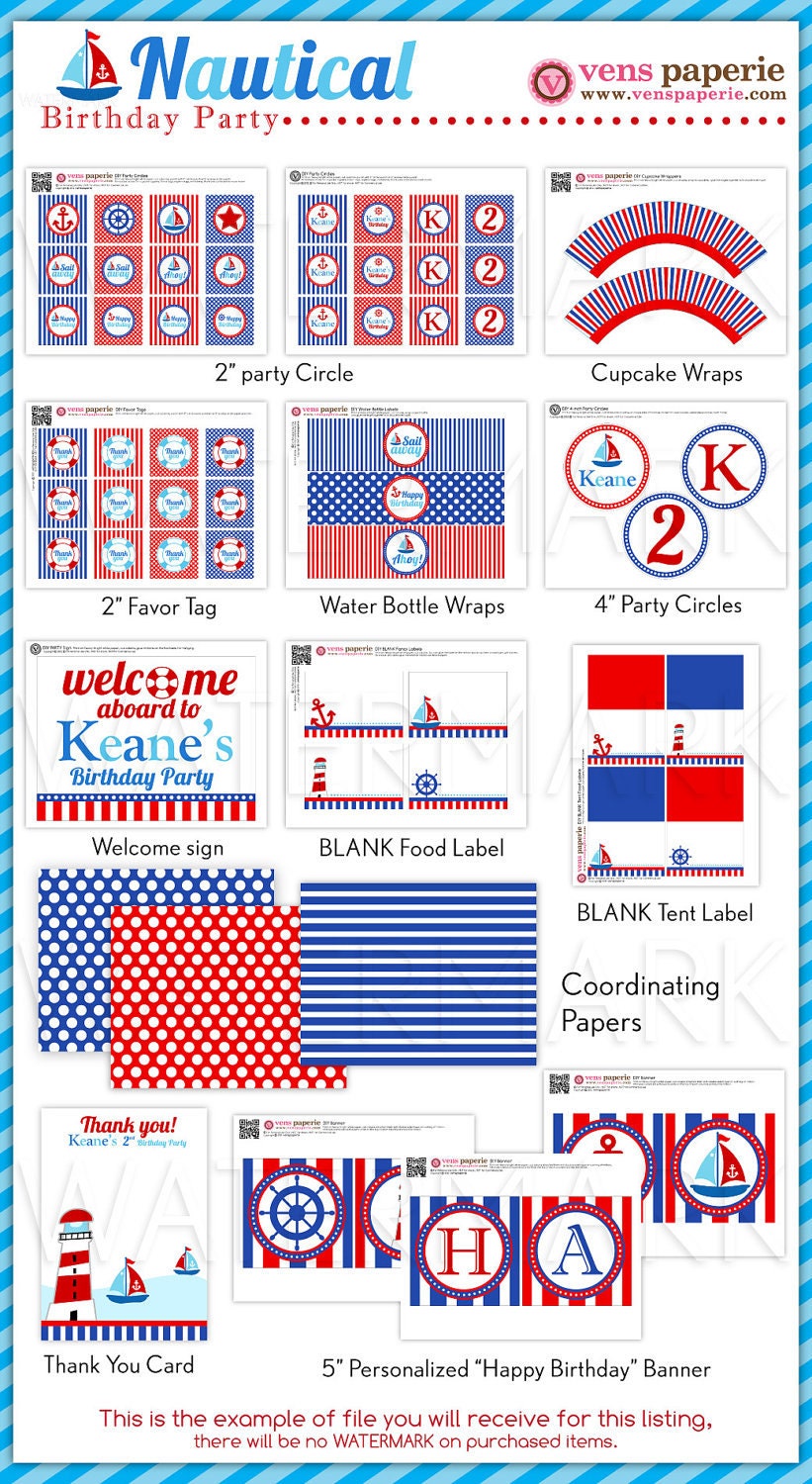 Nautical Birthday Party Package Personalized MINI Collection Set - PRINTABLE DIY - PS826CA1y