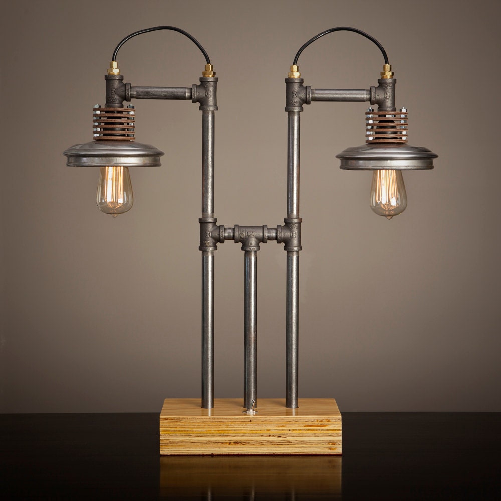 Iron Pipe Lamp with Wood Base