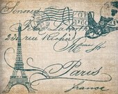 Antique AQUA Paris French Bird Eiffel Tower Postcard Script Illustration Digital Download for Papercrafts, Transfer, Pillows, etc No 3795