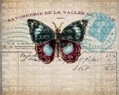 Antique French Butterfly Postmarks Digital Download for Tea Towels, Papercrafts, Transfer, Pillows, etc Burlap No 7217 COLOR