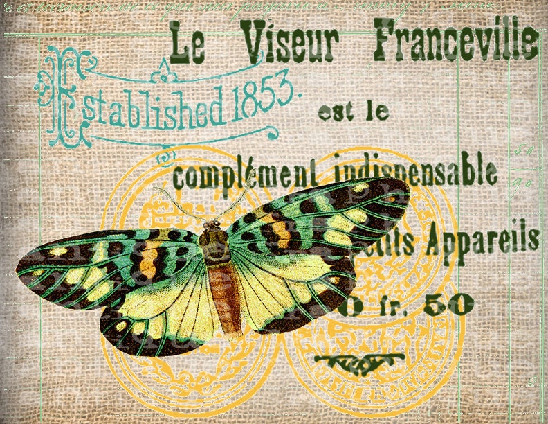 Antique French Butterfly Postmarks Digital Download for Tea Towels, Papercrafts, Transfer, Pillows, etc Burlap No 7231 COLOR