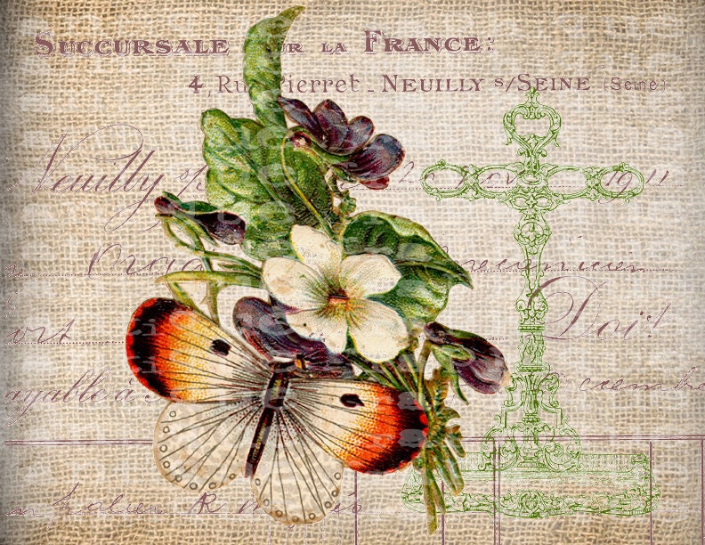 Antique French Butterfly Postmarks Digital Download for Tea Towels, Papercrafts, Transfer, Pillows, etc Burlap No 7235 COLOR