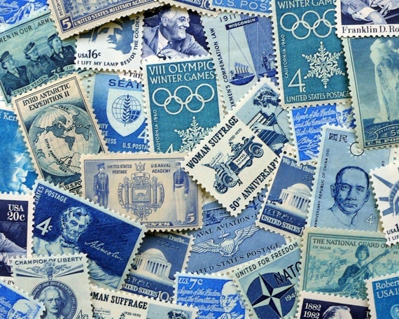 GRAB BAG - Assorted Blues - Vintage un-used postage stamps - to post 5 letters - or use in scrapbooking or craft projects