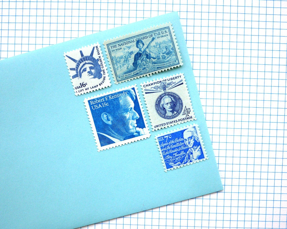 GRAB BAG - Assorted Blues - Vintage un-used postage stamps - to post 5 letters - or use in scrapbooking or craft projects