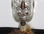 Cowgirl Cocktails REDNECK Wine Glass  - Rhinestone Bronze FLEUR-de-LIS w/Brown gold feathers Hillbilly Highball mason jar tumbler
