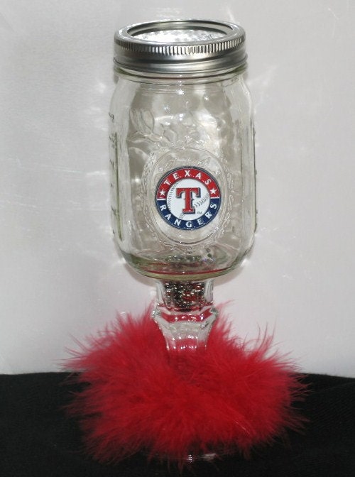 Redneck Wine Glass - Cowgirl Cocktails TEXAS RANGERS Baseball w/ Red feather boa