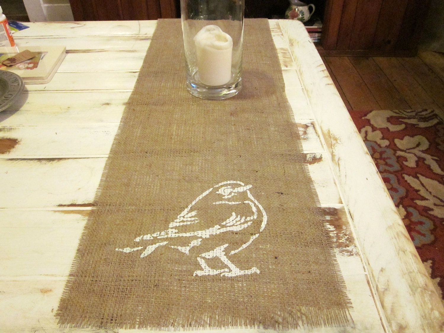 Burlap table runner, spring runner, bird table runner, burlap accessories, home decor, burlap runner