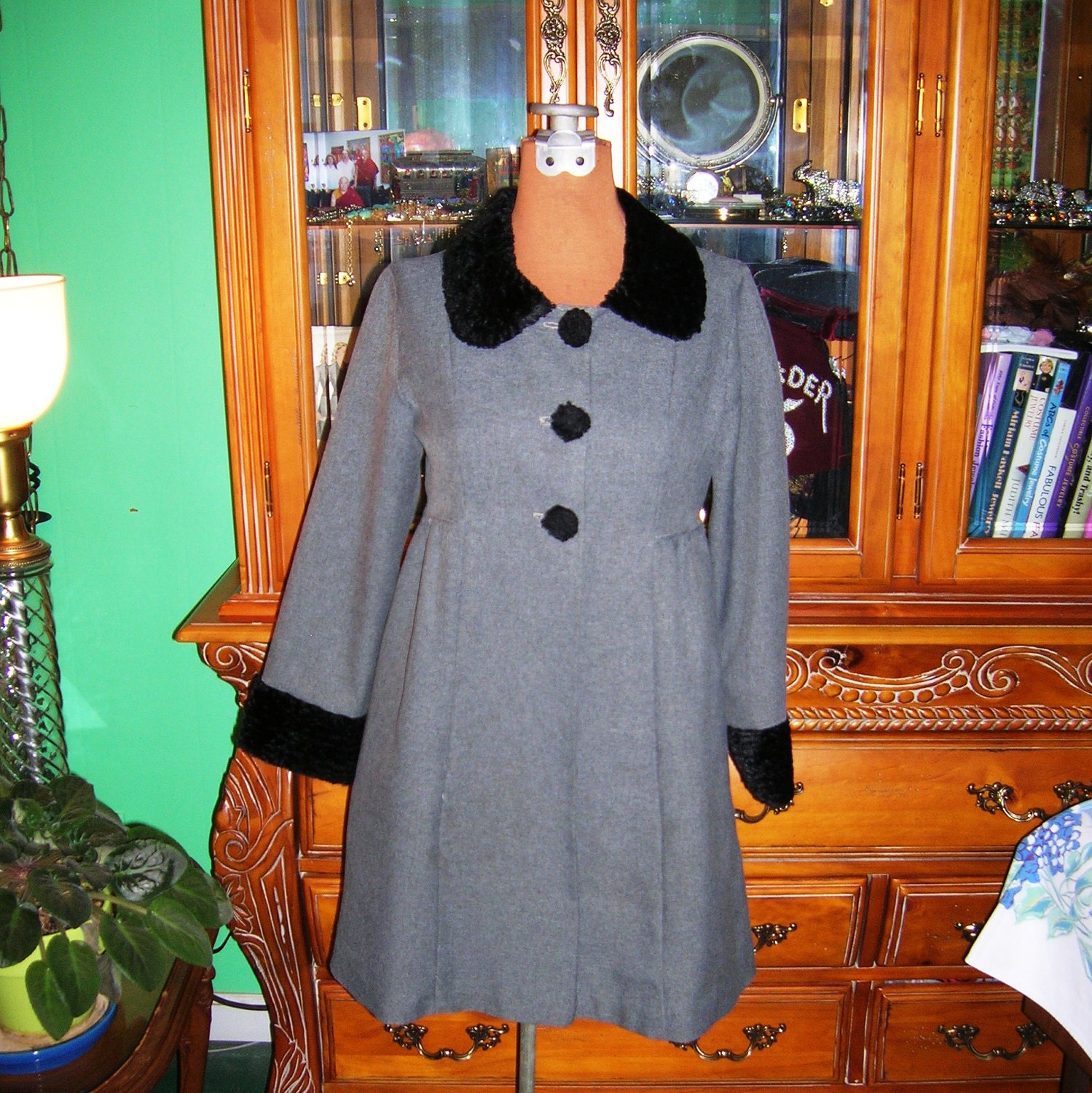 Vintage 1960's Mod Coat Mini Coatdress Grey Wool Faux Black Persian Lamb Collar Cuffs Buttons Red Taffeta Lining Petite Size Dowten Abbey