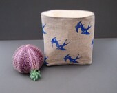 fabric storage basket, box, bin, printed linen, swallows birds, perfect diaper storeage
