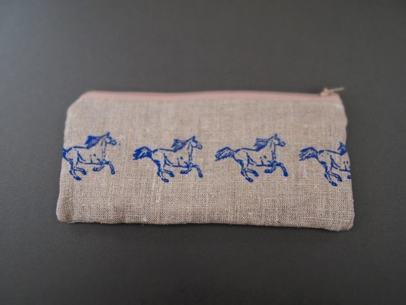 linen hand printed running horse zipped purse pouch pencil case cornflower blue