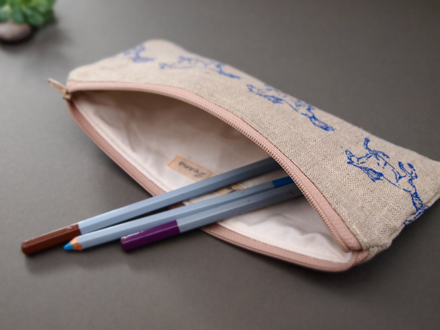 linen hand printed running horse zipped purse pouch pencil case cornflower blue