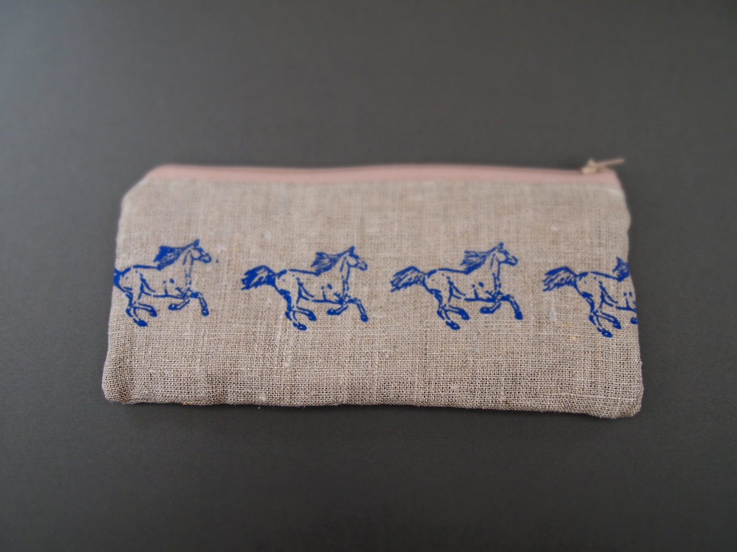 linen hand printed running horse zipped purse pouch pencil case cornflower blue