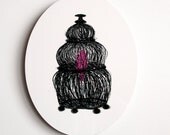 Caged... An illustration of a pink bird in a black bird cage infused onto a high-gloss alluminum 14" oval