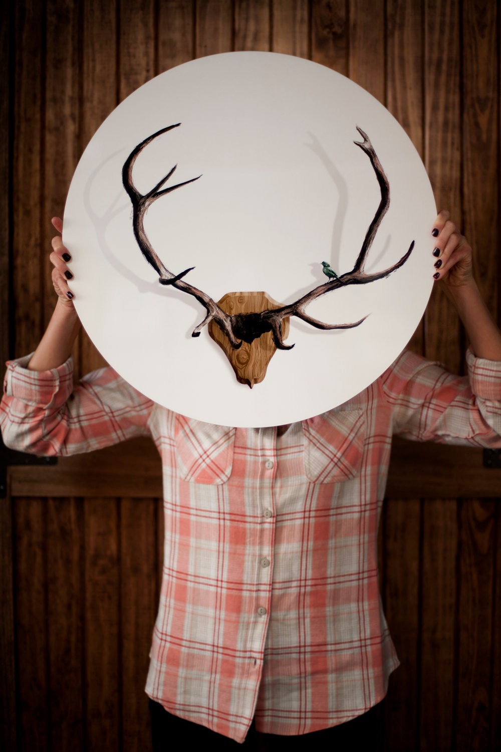 King Henry VIII--An illustration of a teal bird perched upon antlers infused onto a 20" high-gloss aluminum circle