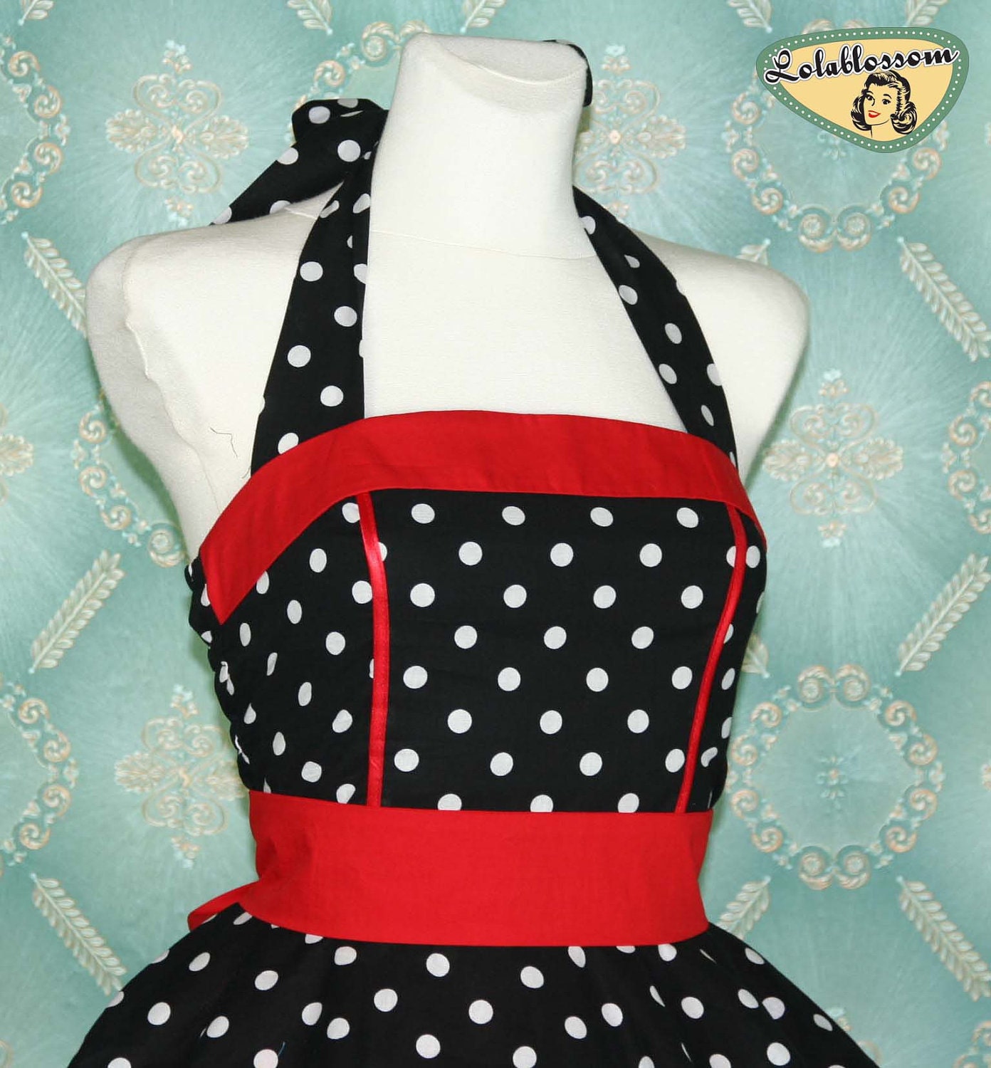 50's vintage dress full skirt black white red dots dress rare Tailor Made after your measurements
