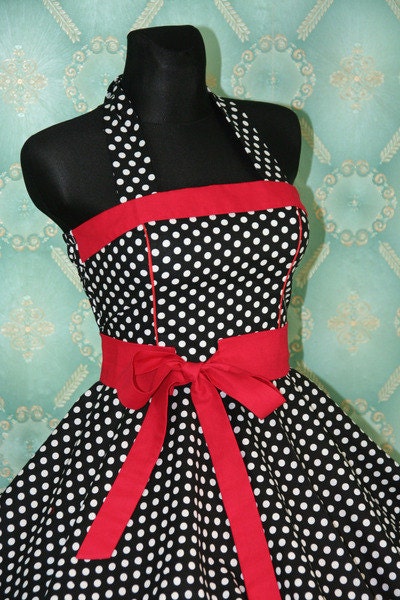 50's vintage dress full skirt black white red polka dots Retro Dress Tailor Made