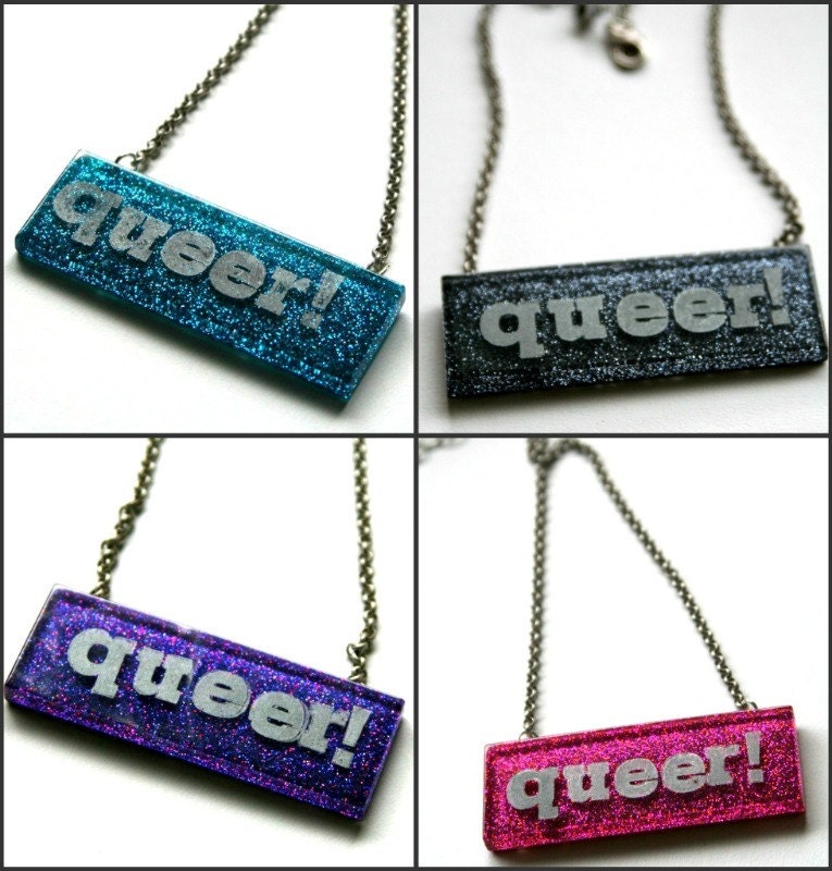 QUEER on BLACK Large Letterpress Glitter Resin Necklace