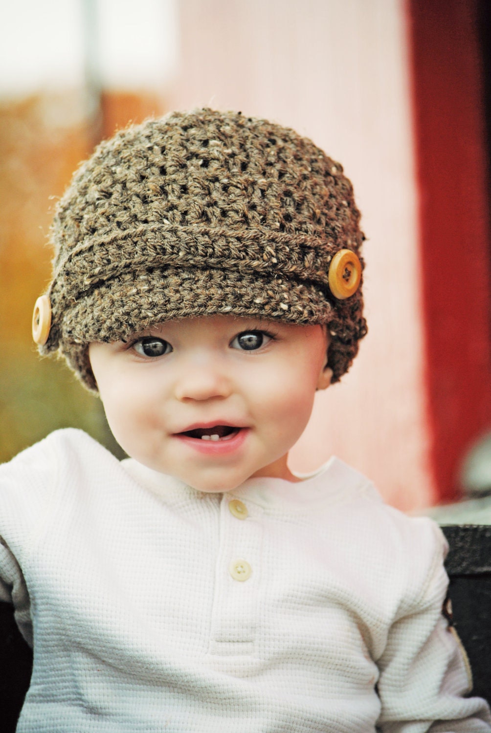 Boys Brown Barley Textured Newsboy Crochet Fall Winter Hat with wood buttons - Baby Toddler Child Size Great Photo Prop
