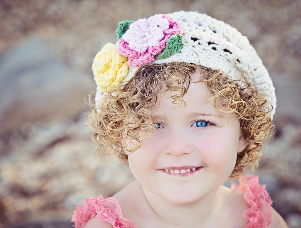 Girls Crochet Slouchy Boho Beret Hat with Flowers - Spring Summer Hat